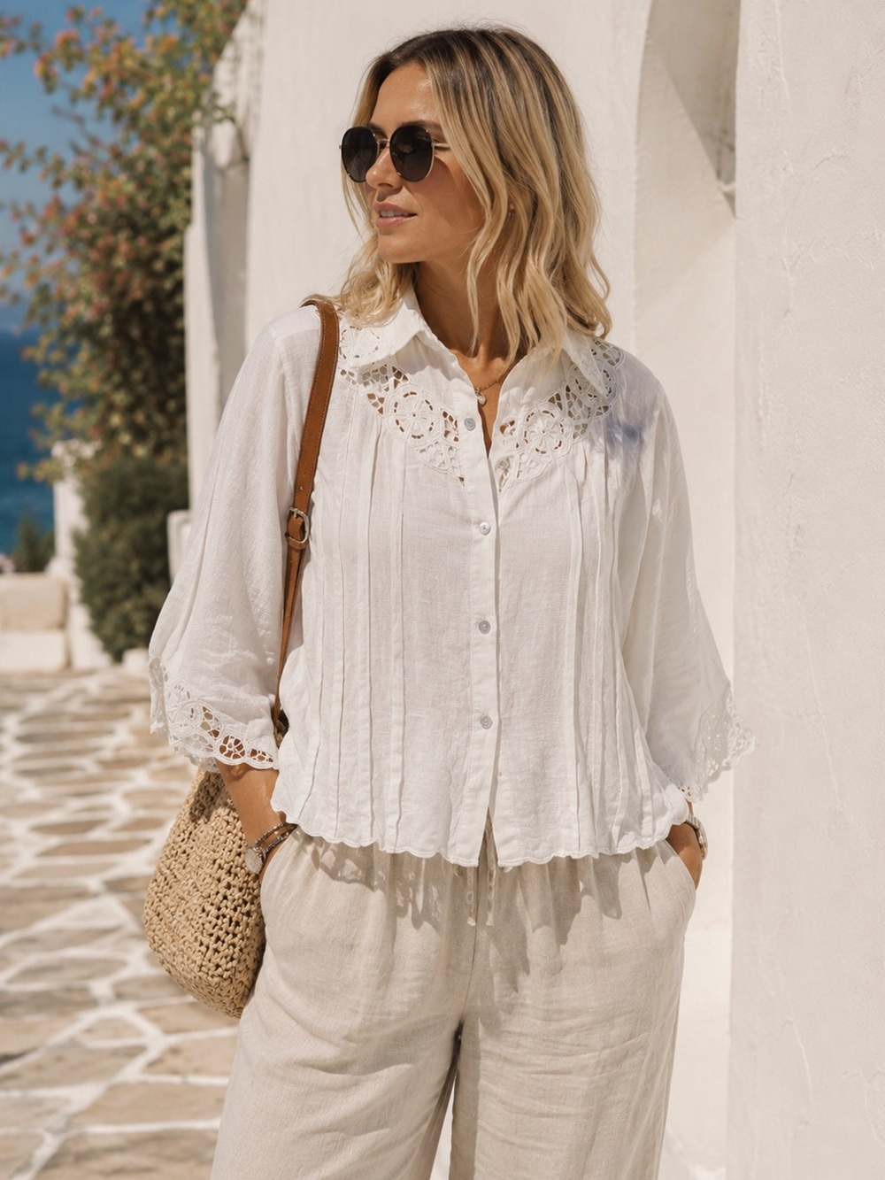 Uluwatu Handmade Balinese Lace Linen Blouse White Boho Resort Wear Top Summer
